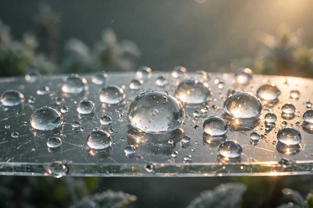 Water droplets beading on freshly cleaned glass