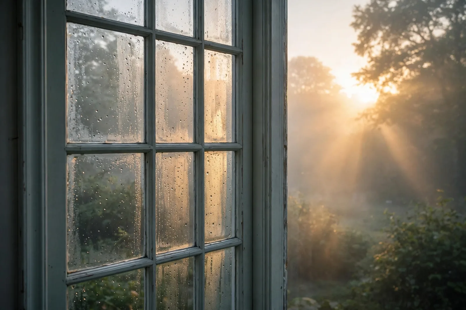 Morning fog clearing off a bright window, water droplets beading on the glass
