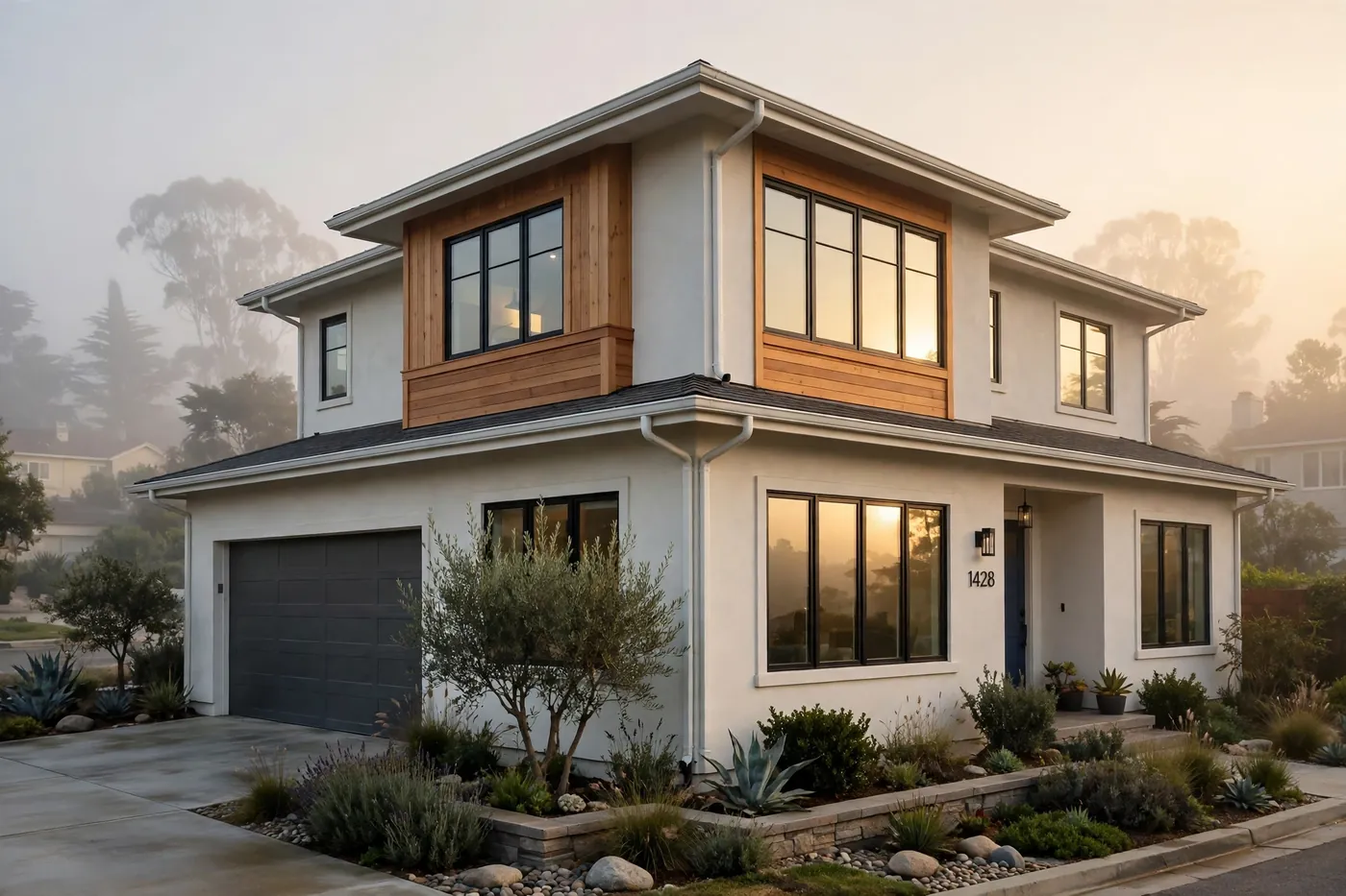 Home exterior with gleaming windows and clean gutters in morning light