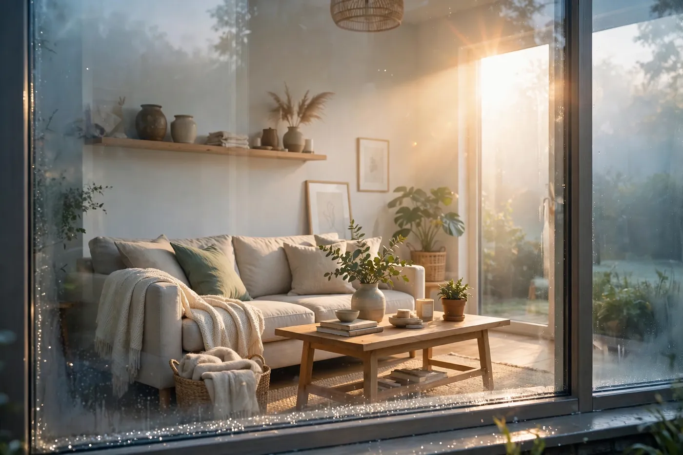 Sunlight pouring through a sparkling clean window into a bright room